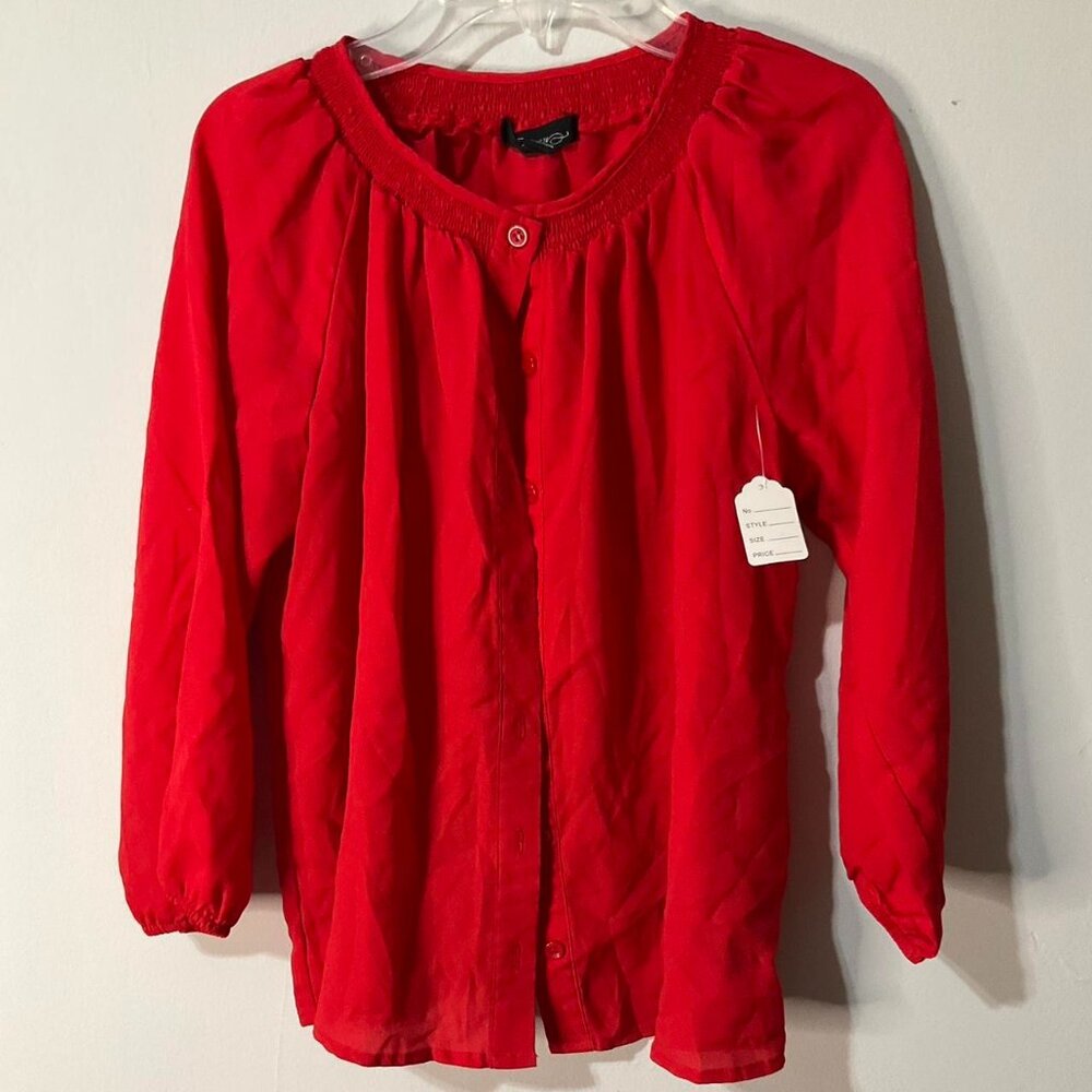 Red Smocked Button-Up Blouse | Lightweight 3/4 Sleeve Top | Women’s Size S